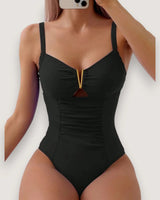 Pleated V-Neck High-Cut Swimsuit - Voldara