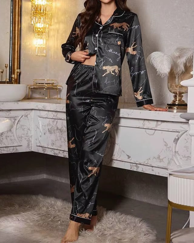 Midnight Leopard Satin Pyjama Set - Voldara
