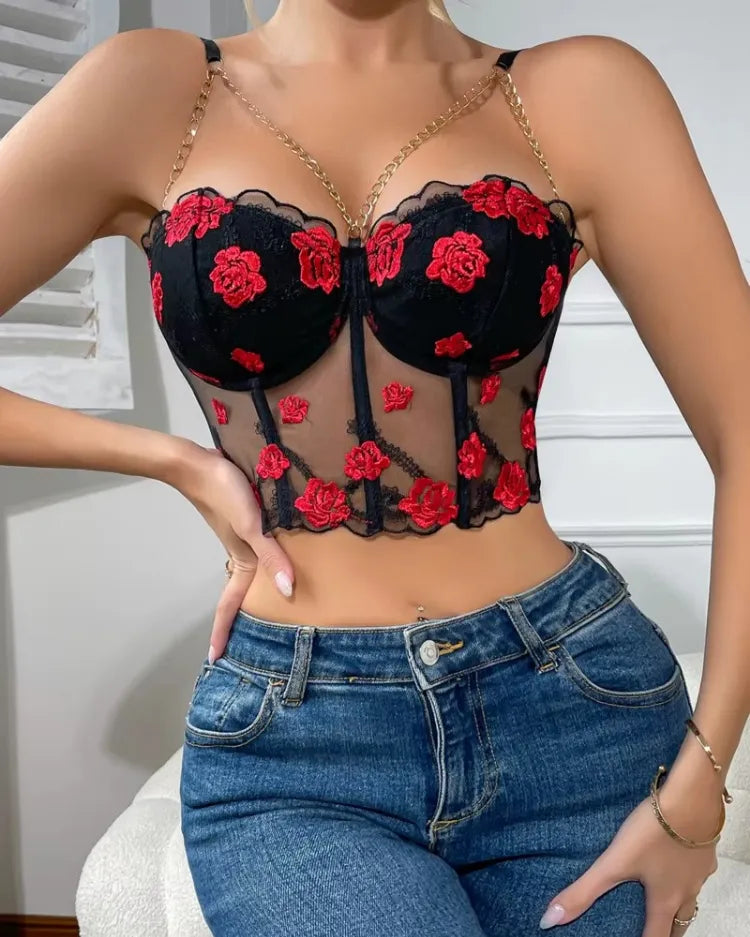 Floral Embroidered Bustier Top - Voldara
