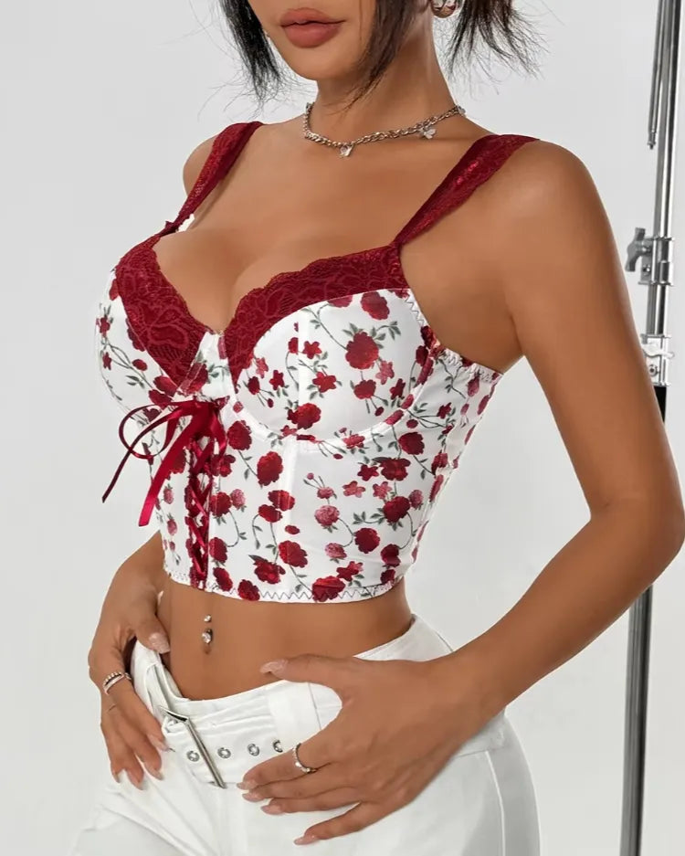 Floral Lace-Up Bustier Top - Voldara