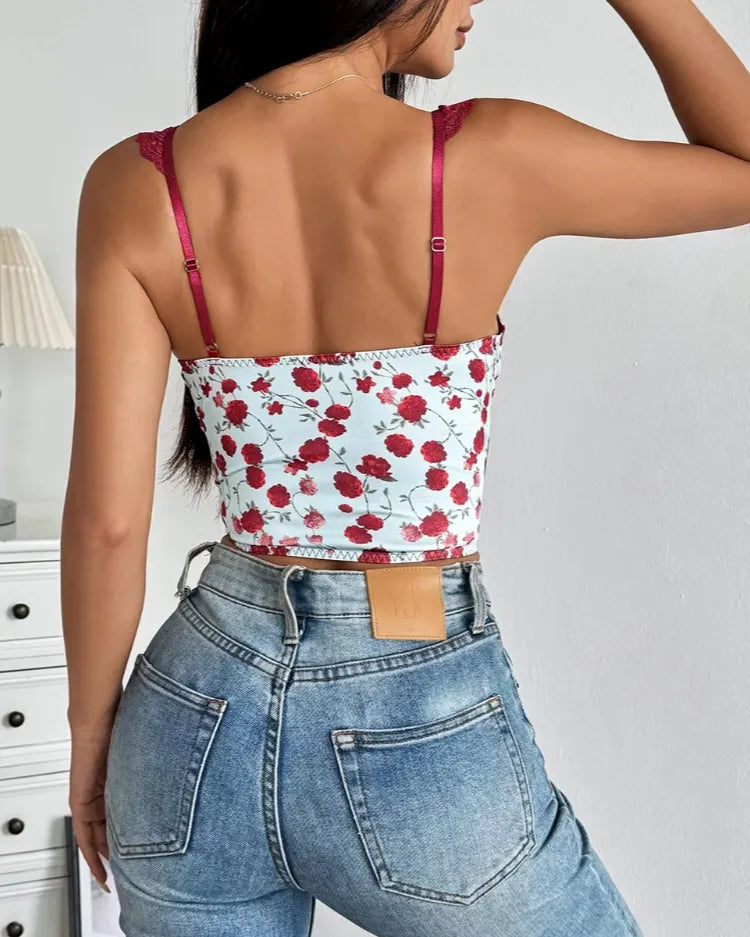 Floral Lace-Up Bustier Top - Voldara