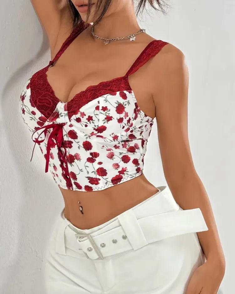Floral Lace-Up Bustier Top - Voldara