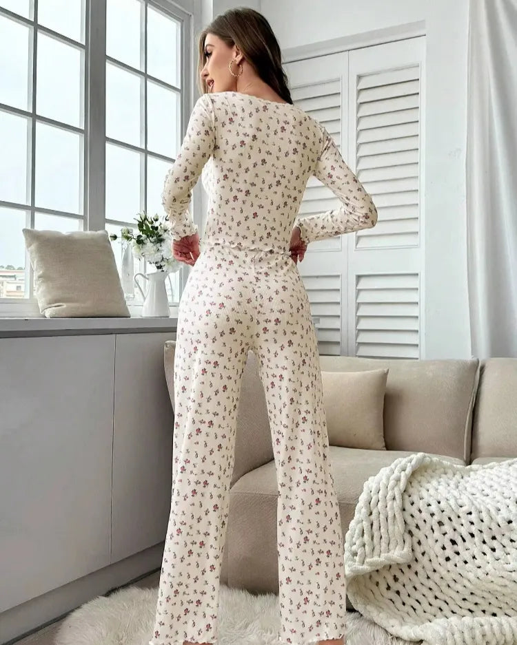 Floral Lettuce-Trim Pyjama Set - Voldara