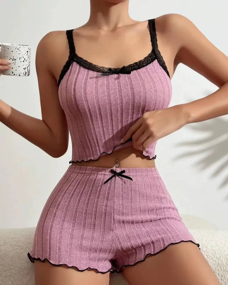 Lace-Trim Ribbed Pyjama Set - Voldara