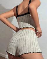Lace-Trim Ribbed Pyjama Set - Voldara