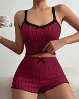 Lace-Trim Ribbed Pyjama Set - Voldara