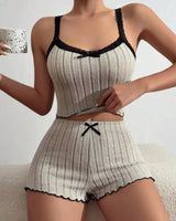 Lace-Trim Ribbed Pyjama Set - Voldara