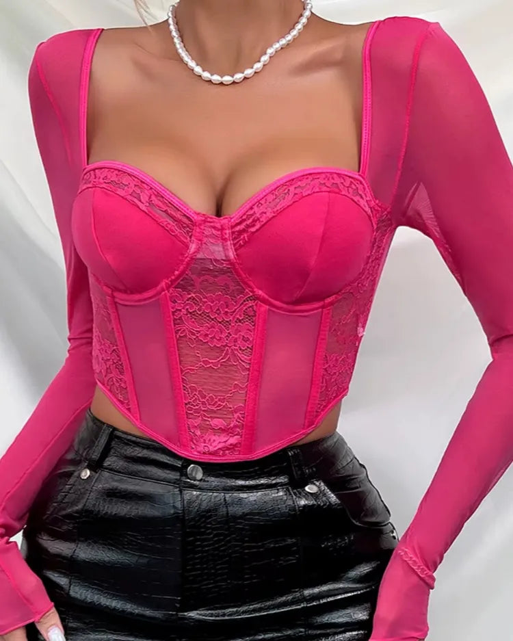 Long Sleeve Mesh Corset Top - Voldara
