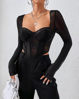 Long Sleeve Mesh Corset Top - Voldara
