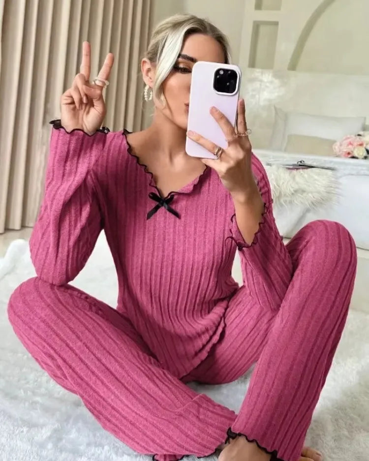 Ribbed Long-Sleeved Pyjama Set - Voldara