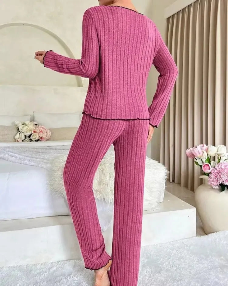 Ribbed Long-Sleeved Pyjama Set - Voldara