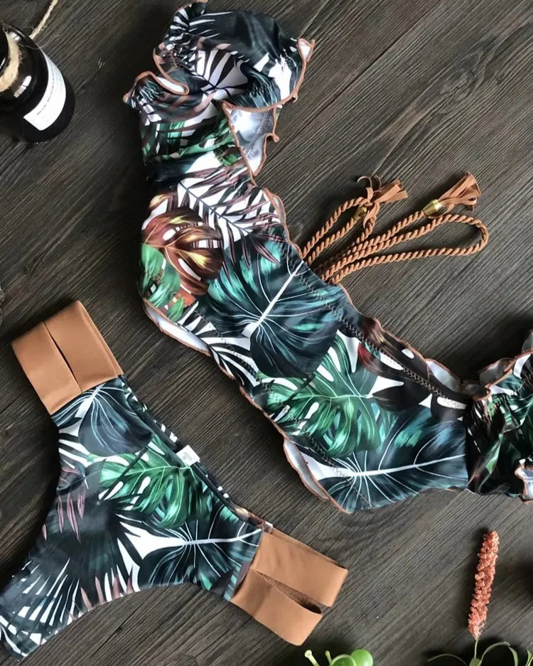 Ribbed Ruffle Bikini Set - Voldara