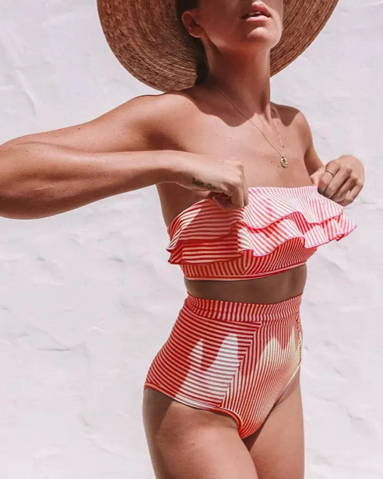 Ruffled Bandeau High Waist Bikini - Voldara