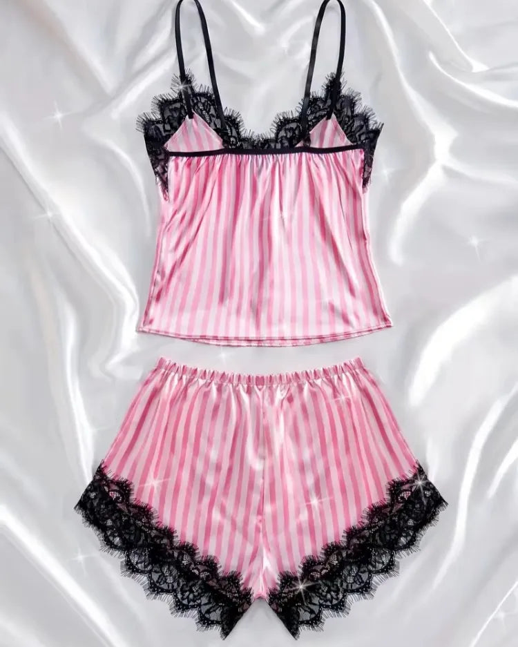 Satin Lace Pyjama Shorts Set - Voldara