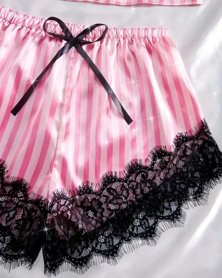 Satin Lace Pyjama Shorts Set - Voldara