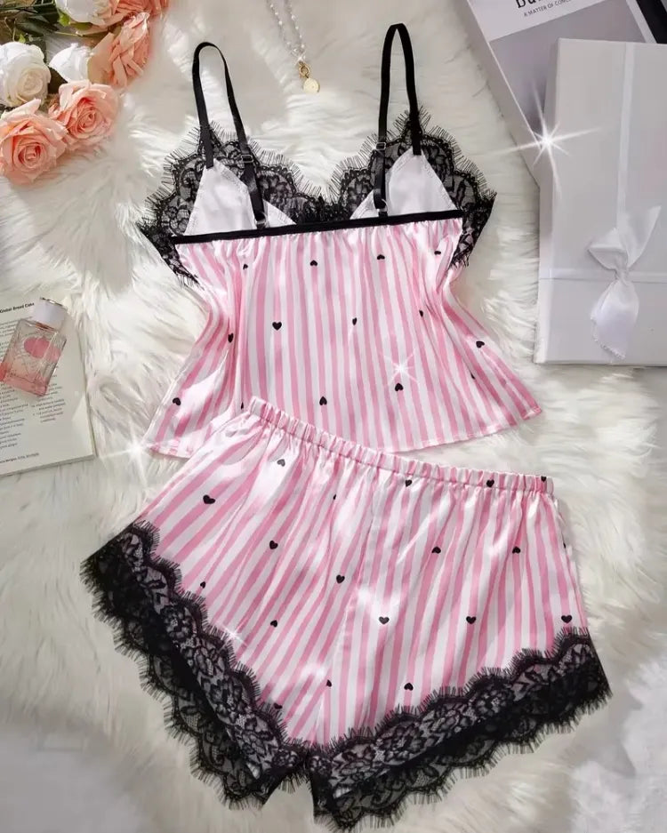 Satin Lace Pyjama Shorts Set - Voldara