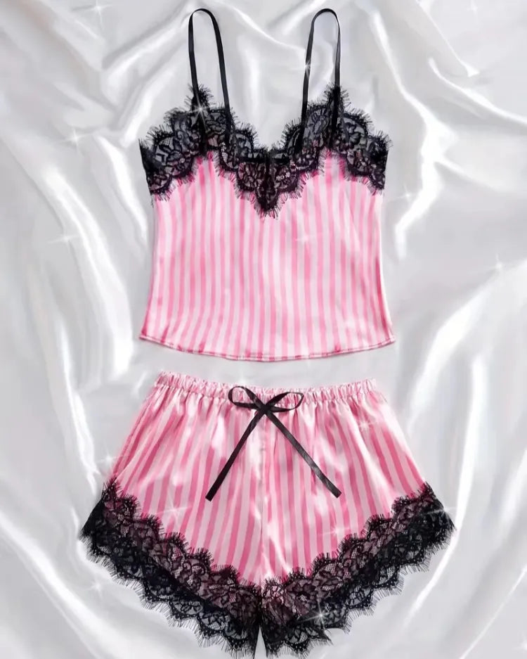 Satin Lace Pyjama Shorts Set - Voldara