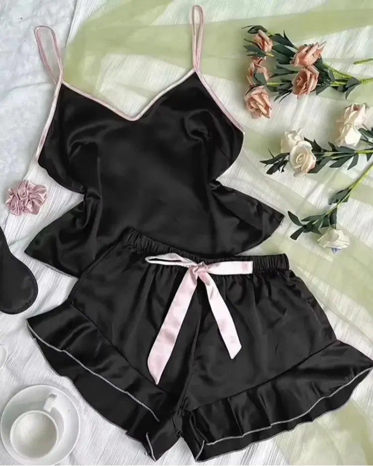 Satin Ruffle-Trim Pyjama Set - Voldara