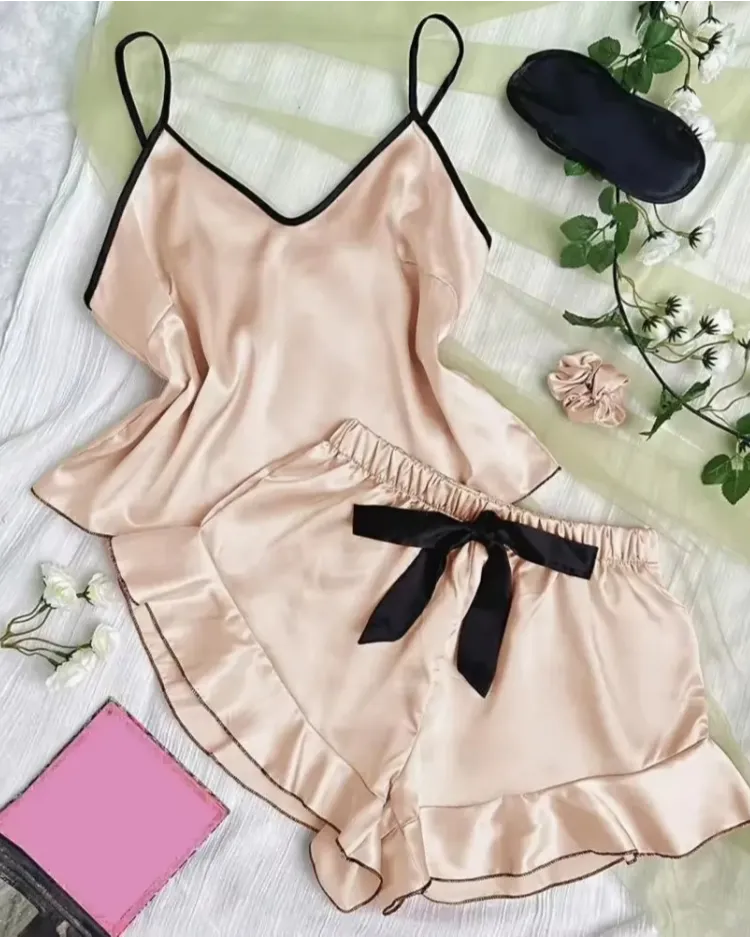 Satin Ruffle-Trim Pyjama Set - Voldara