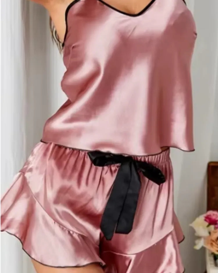 Satin Ruffle-Trim Pyjama Set - Voldara