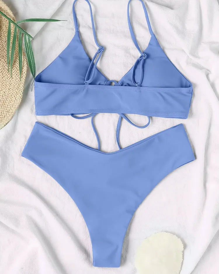 Solid Lace-Up Bikini Set - Voldara