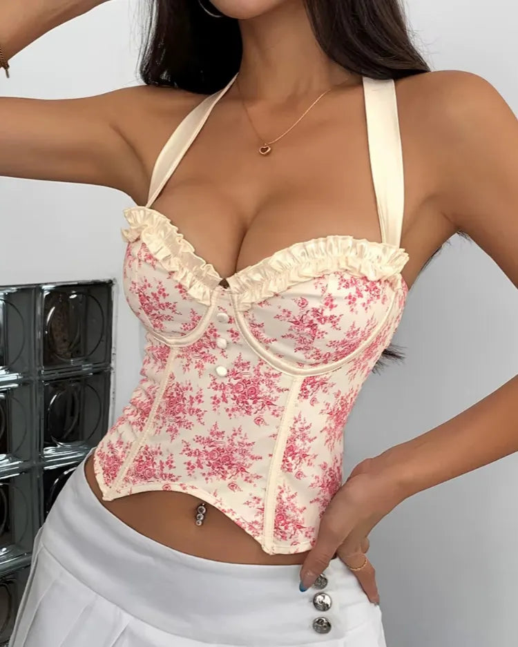 Structured Floral Halter Corset Top - Voldara