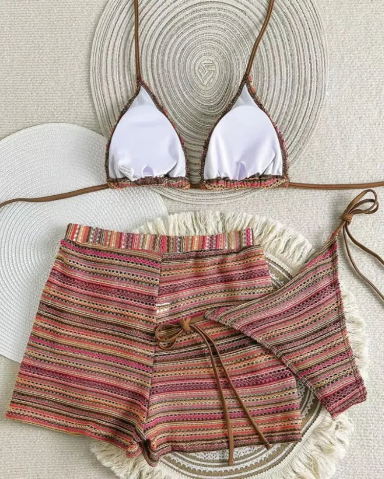 Textured Knit Triangle Bikini & Shorts Set - Voldara