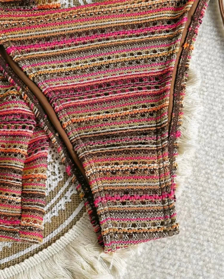 Textured Knit Triangle Bikini & Shorts Set - Voldara