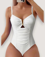 Pleated V-Neck High-Cut Swimsuit - Voldara