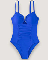 Pleated V-Neck High-Cut Swimsuit - Voldara