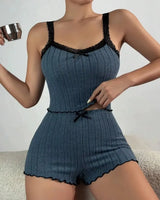 Lace-Trim Ribbed Pyjama Set - Voldara
