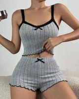 Lace-Trim Ribbed Pyjama Set - Voldara