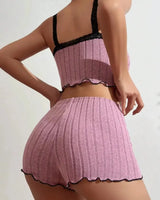 Lace-Trim Ribbed Pyjama Set - Voldara