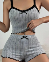 Lace-Trim Ribbed Pyjama Set - Voldara