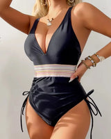 Plunge Drawstring One-Piece Swimsuit - Voldara