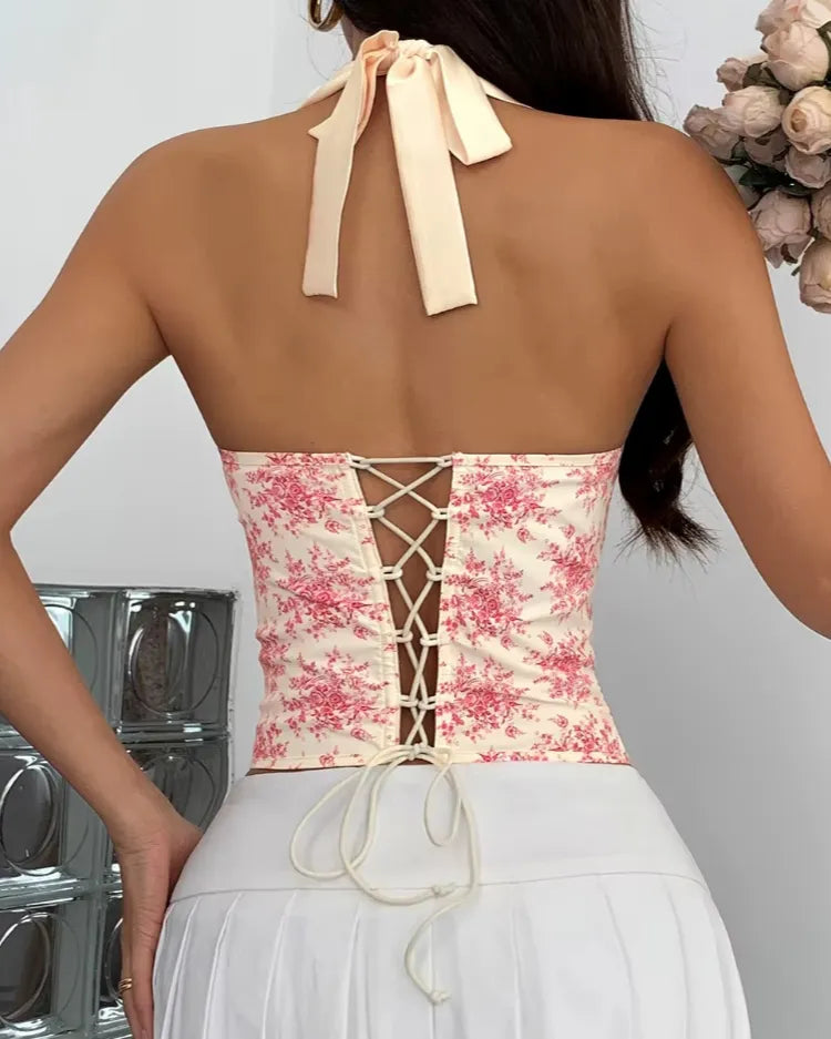 Structured Floral Halter Corset Top