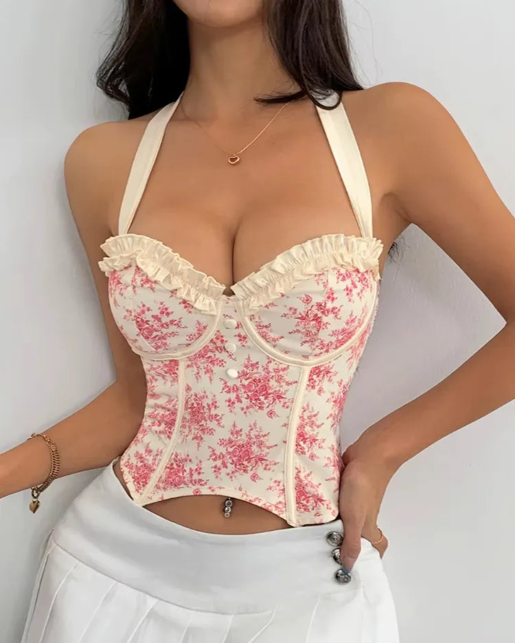 Structured Floral Halter Corset Top